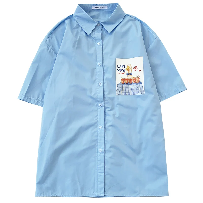 

Creamy yellow graffiti print summer temperament turn-down collar buttoned loose all-match short-sleeved shirt