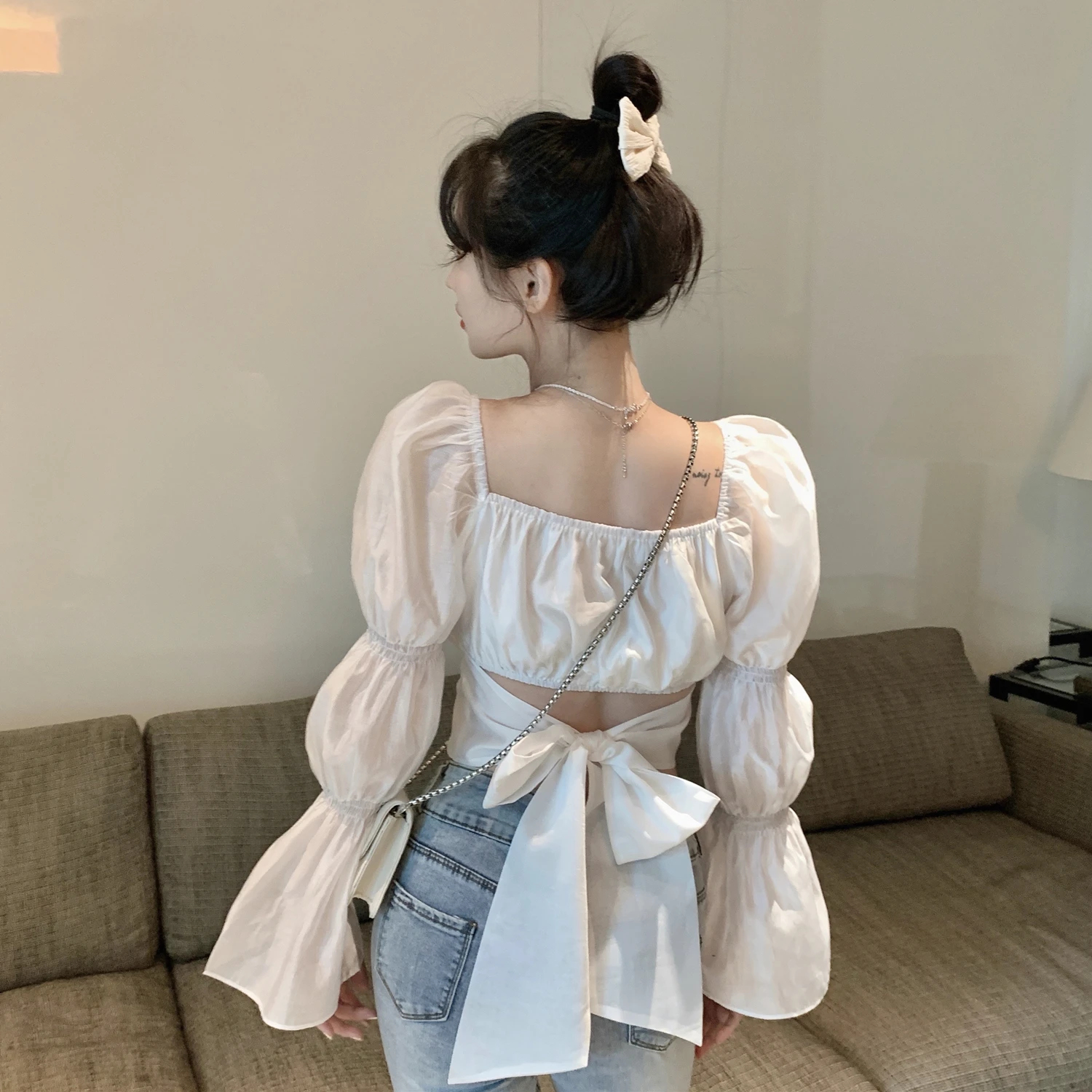 

~ 3105 # design sense of French party led hubble-bubble sleeve blouse female fairy machine lace-up dress carefully