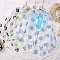 oumea women summer chiffon shirts long sleeve daisy floral print beach cover up femme loose shirts buttons plus size new chic