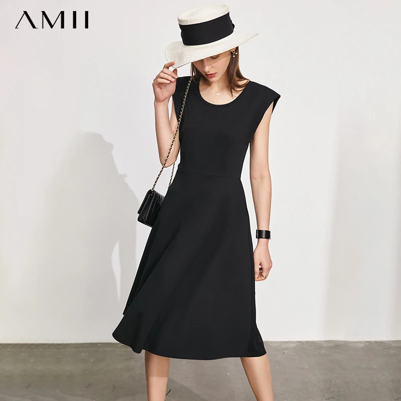 

Amii Minimalism Summer New Women's Dress Offical Lady Solid Oneck Aline Dress For Women Causal Cotton Women's Dress 12170319