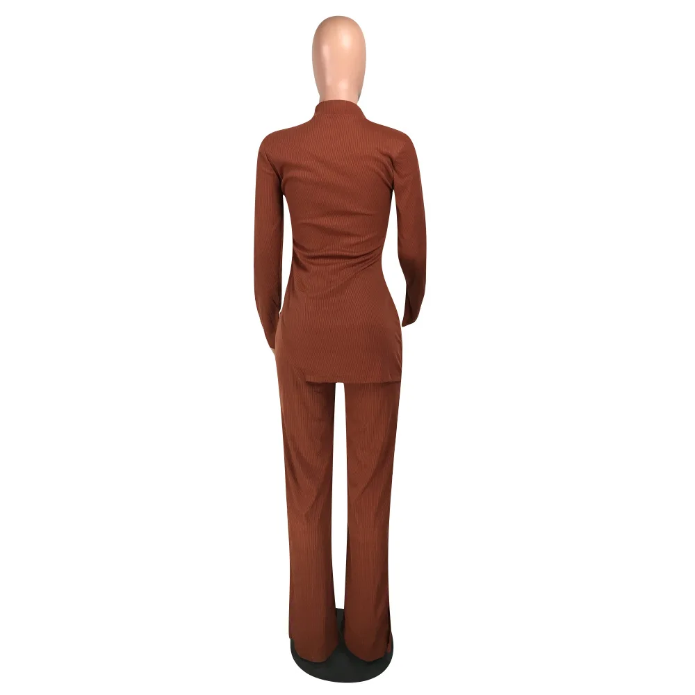 

Plus Size Solid Elegant Two Piece Set Women's Costumes Long Sleeve Ribbed Pullover Top and Split Wide Leg Pant Lounge Wear Suits