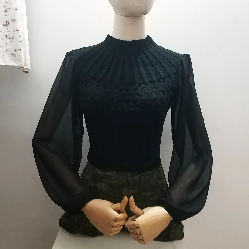 

Women Blouse 2021 Spring Casual Lantern Sleeve Chiffon Sleeve Stretchy Shirts Fashion Knitting Slim Elastic Top
