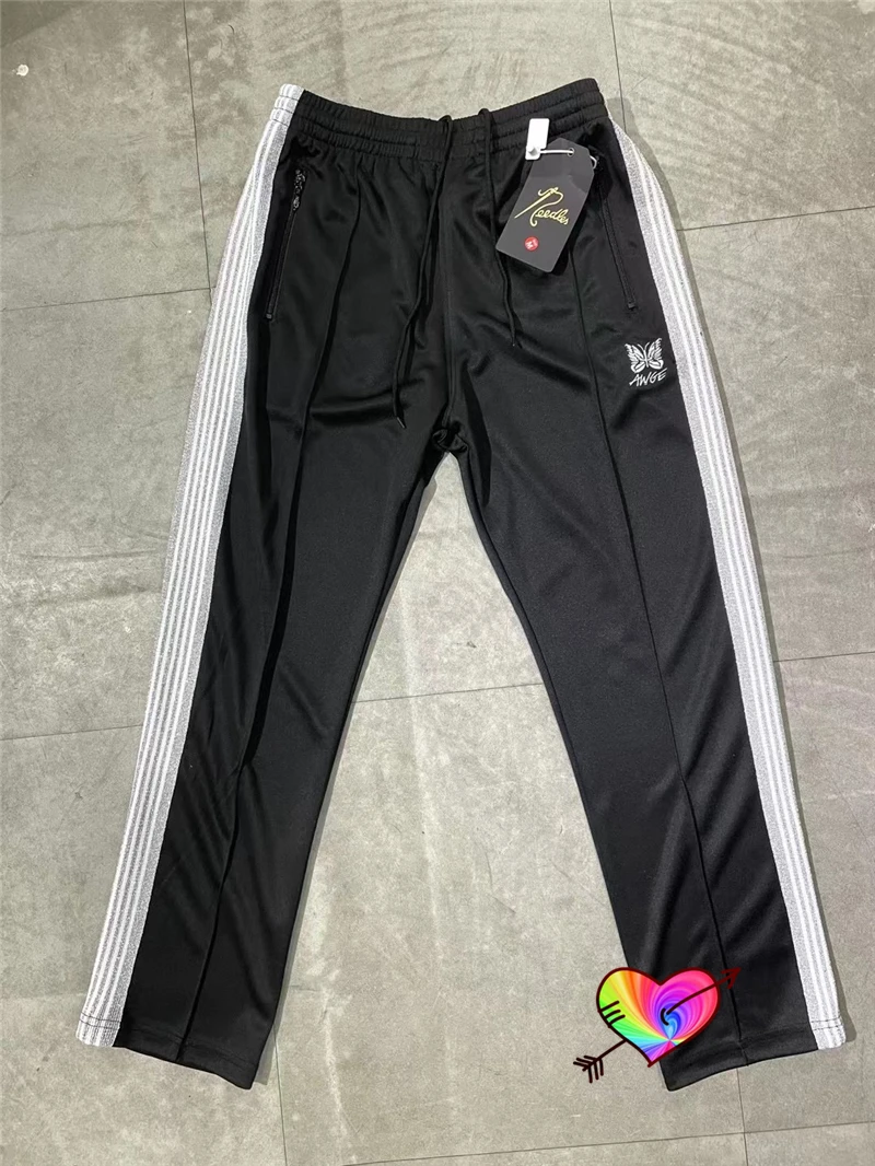 

Silvery White Stripe Needles Pants 2021 Men Women 1:1 High Quality AWGE Butterfly Embroidered Logo Needles Track Pants Trousers