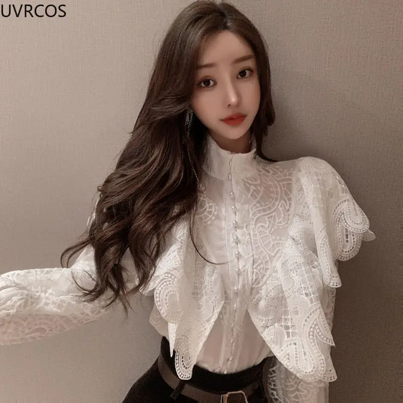 

Korean Blouse Women Autumn Fashion Elegant Lace Shirt Vintage Palace Style Lotus Leaf Lantern Sleeve Temperament Tops Spring New