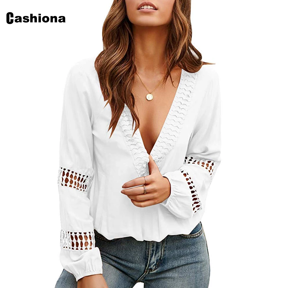 

Cashiona 2020 women elegant leisure blouse v-neck patchwork lace tops hollow out long sleeve feminina blusas shirt ropa mujer