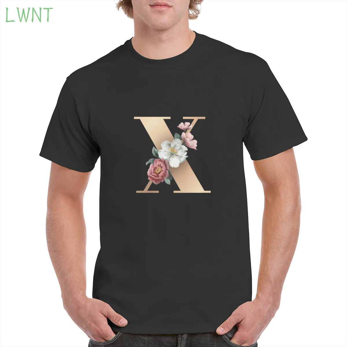 

100% cotton Brown letter X flower pattern print t shirt 26-letter graphic tshirt gothic punk oversized tops women/men's T-Shirts