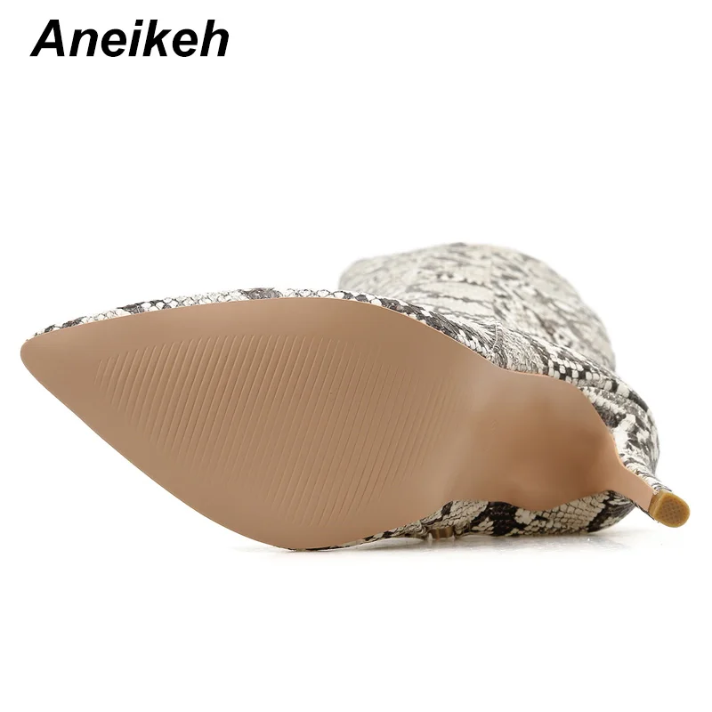 Aneikeh/Новинка г.; Модные женские ботинки из змеиной кожи; обувь на высоком тонком каблуке на молнии; вечерние ботинки до середины икры для танцев; ботинки «Челси» с острым носком