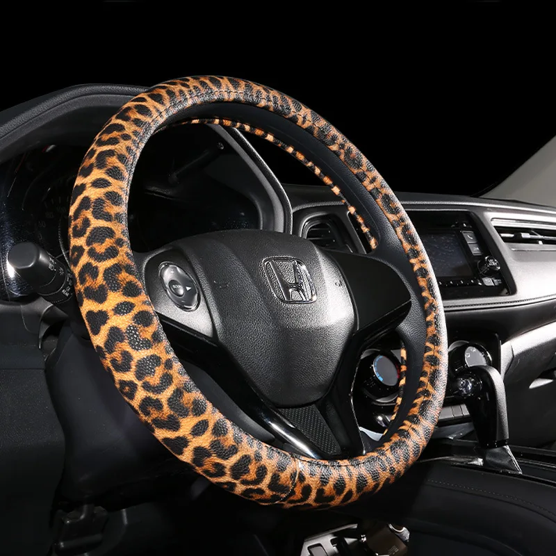 Leopard Printing Steering Wheel Cover Universal Leather Two Tone Car Interior Steering Covers Case 37-38CM Accessories