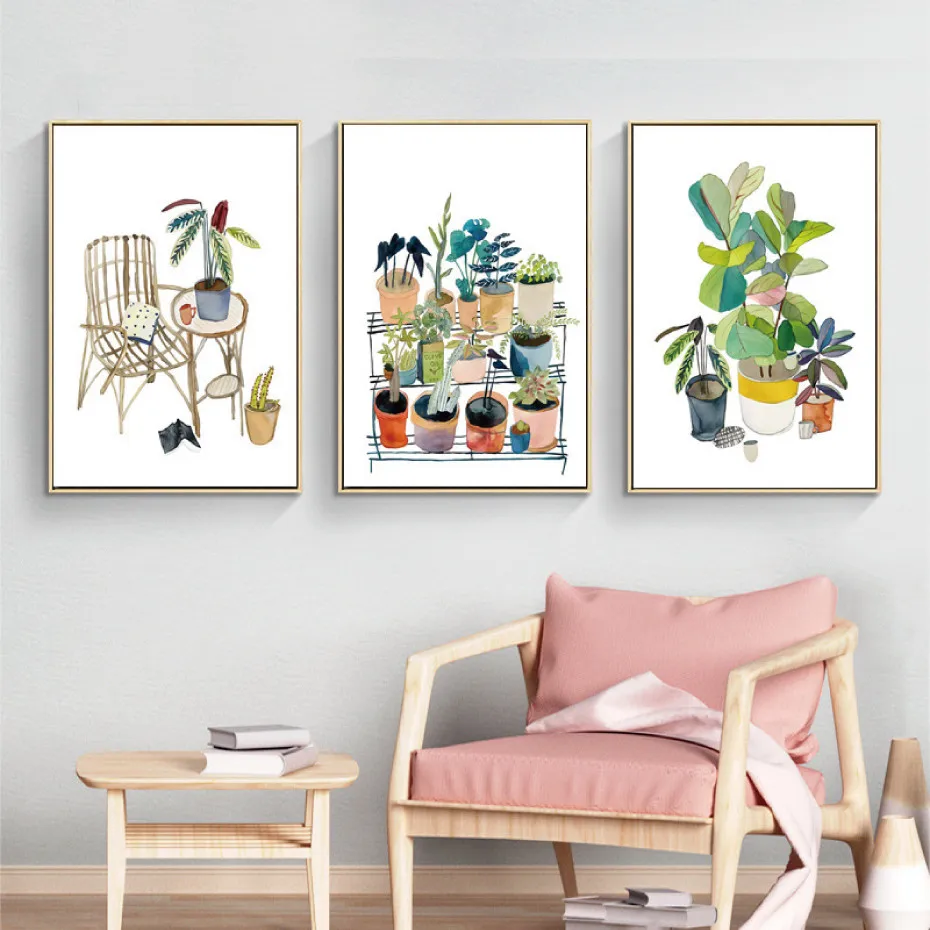 

Poster Cartoon Green Potted Plant Canvas Painting Plant Picture Home Wall Art For Children's Bedroom Modern Home Decoration