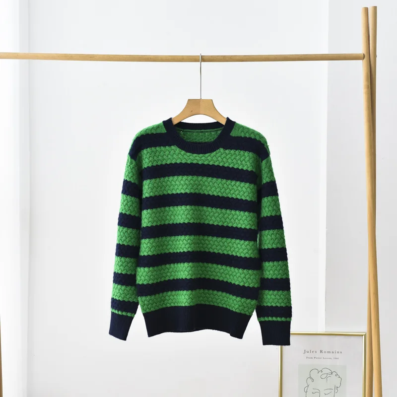 

masigoch winter chunky knit 100% cashmere striped knitwear sweater long sleeve women thick loose jumper