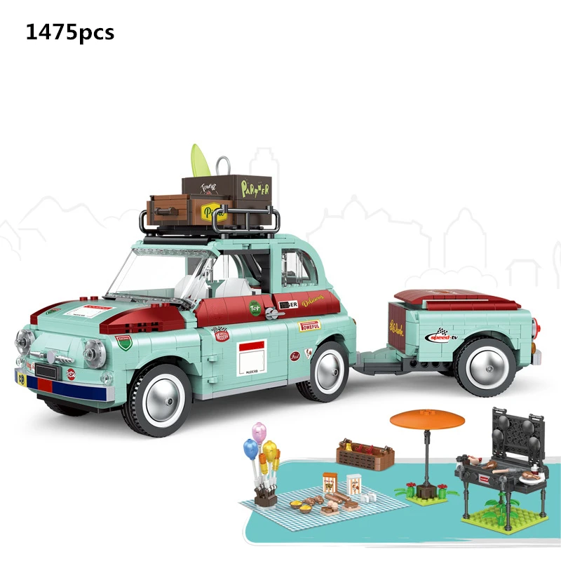 

Creative MOC Tourist Picnic Car Party Trailer Tractor Building Blocks Kit Bricks Modern Car Transport Vehicle Kids Toys Gifts