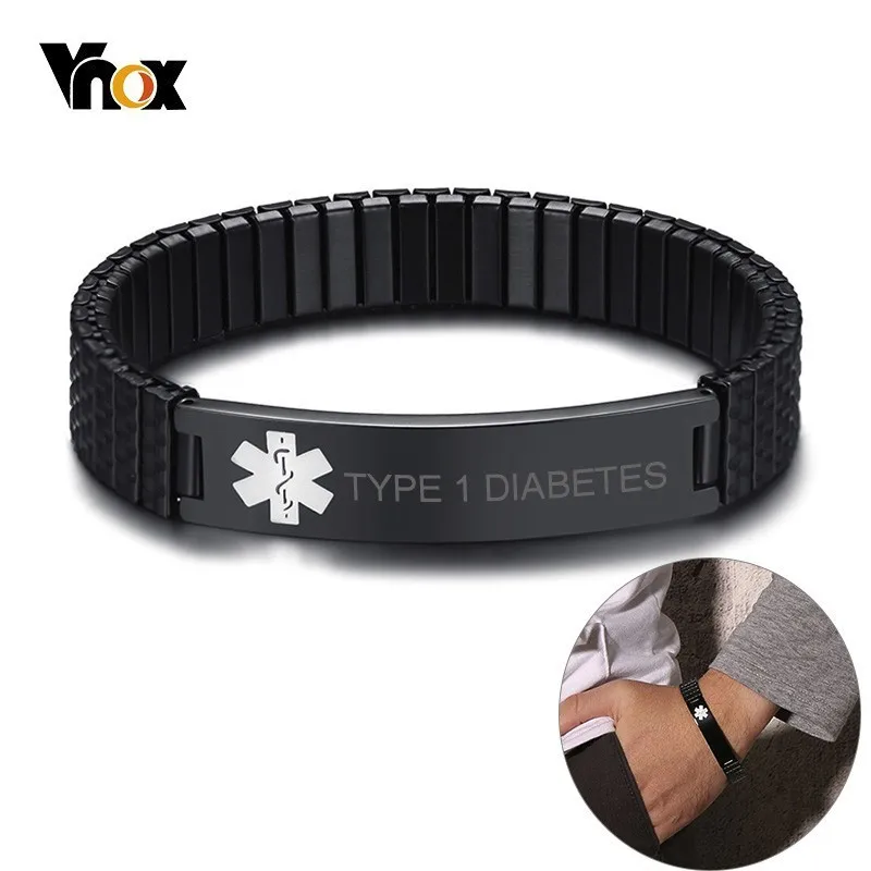 

Vnox 12mm Stretch Band Bracelets for Women Black Stainless Steel Type 1/2 Diabetes Medical Alert Personalized ID Bangle