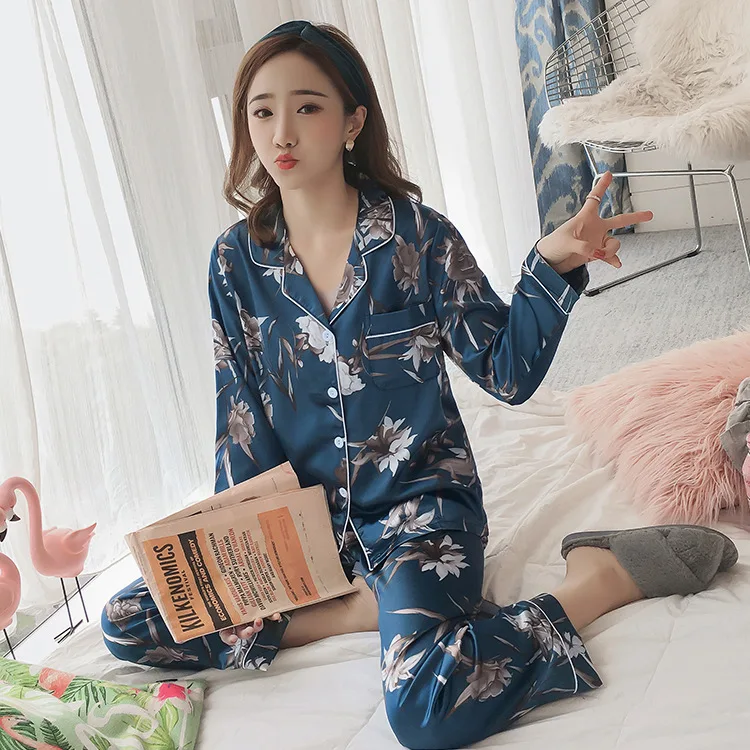 Лед Шелковая пижама Женская Осень с длинным рукавом большого размера плюс 2300 Jin