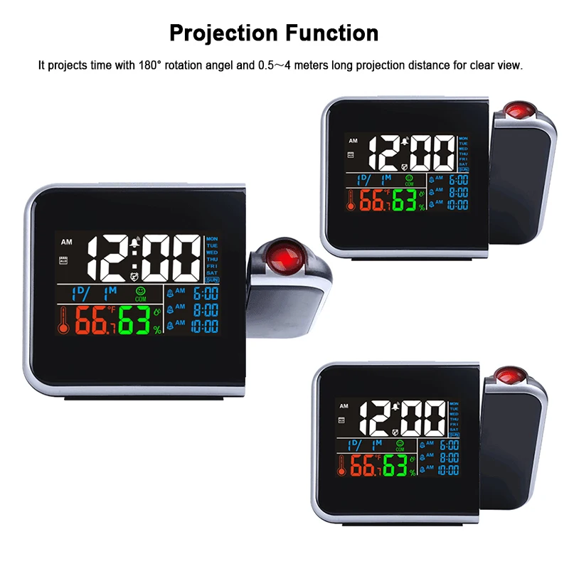 

Creative Projection Clock LED Alarm Clock Temperature Humidity Desk Time Date Display Projector Calendar US Plug Charger Table