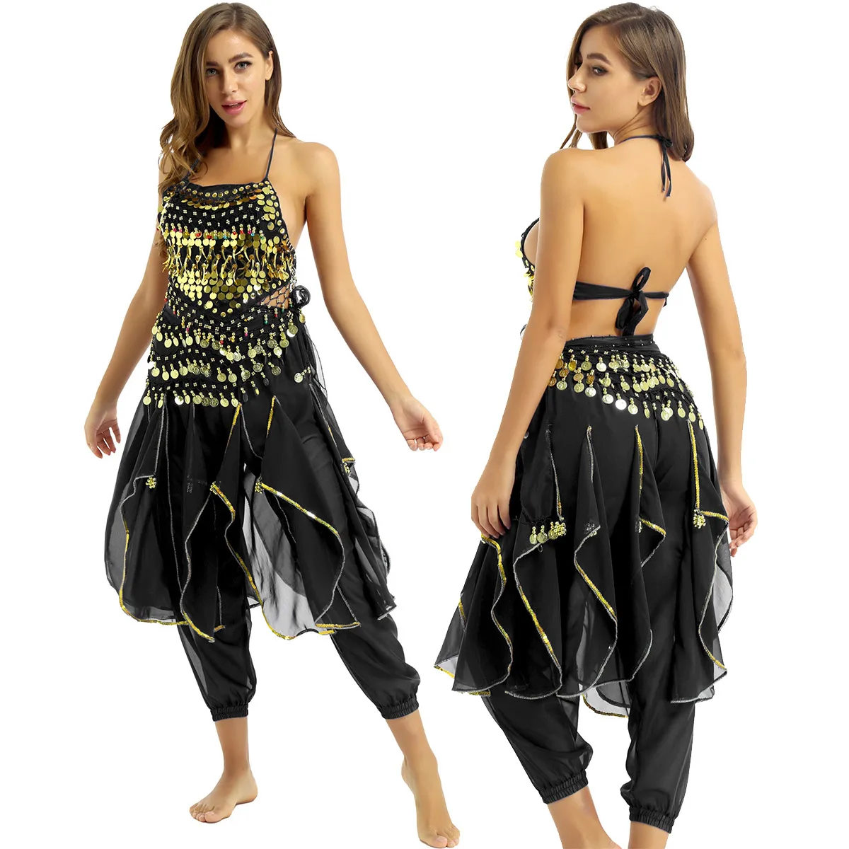 Women India Belly Dance Costume Outfit Indian Performance Clothes Halter Neck Top With Harem Pants And Hip Scarf Dancewear | Тематическая