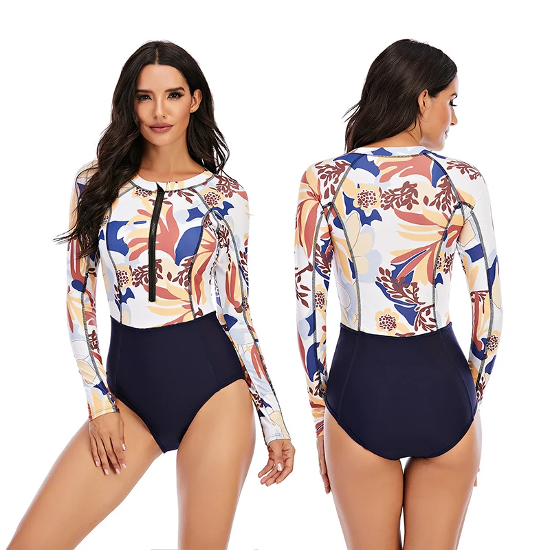 

Palm Leaf Print One Piece Swimsuit Women Swimwear Monokini Long Sleeve Printed Female Bathing Suit Surfing Bodysuit Plus 2XL