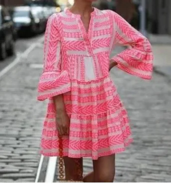 

New fashion color printing v-neck loose flared sleeve dress women