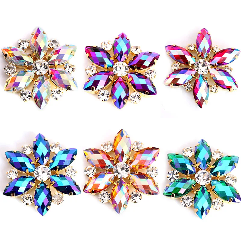 Круглые стразы с кристаллами AB Navette 3,5x3,5 см, 1 шт., Золотая основа, стразы для свадебного платья B0988