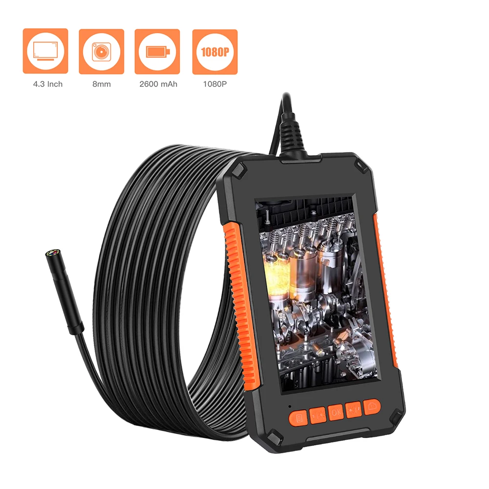 

P40 8mm inspection endoscope camera HD1080P 2.0MP 4.3 inch screen IP67 waterproof industrial borescope 8 LED lights Hard Wire