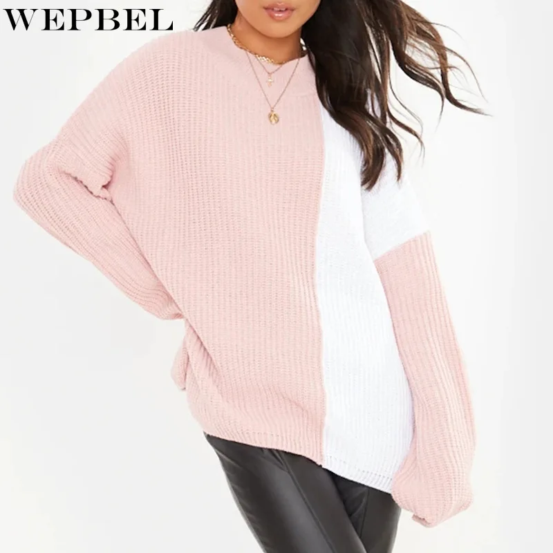 

WEPBEL Spring and Autumn Fashion O-Neck Stitching Loose Knitted Sweater Women's Casual Long-Sleeved Pullover Sweater