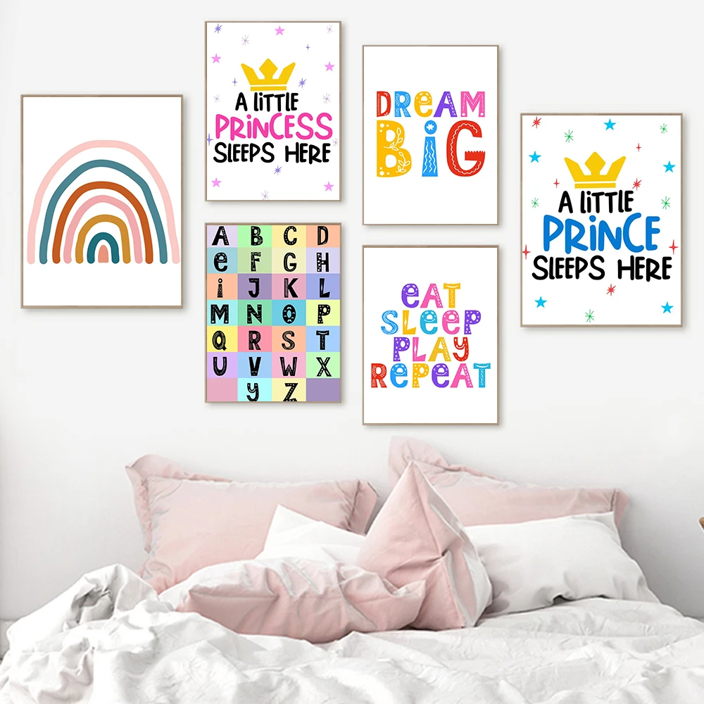 

Cartoon Rainbow Dream Big Eat Sleep Play Repeat Quote Baby Nursery Canvas Painting Poster Print Wall Art Pictures Gift Kids Room