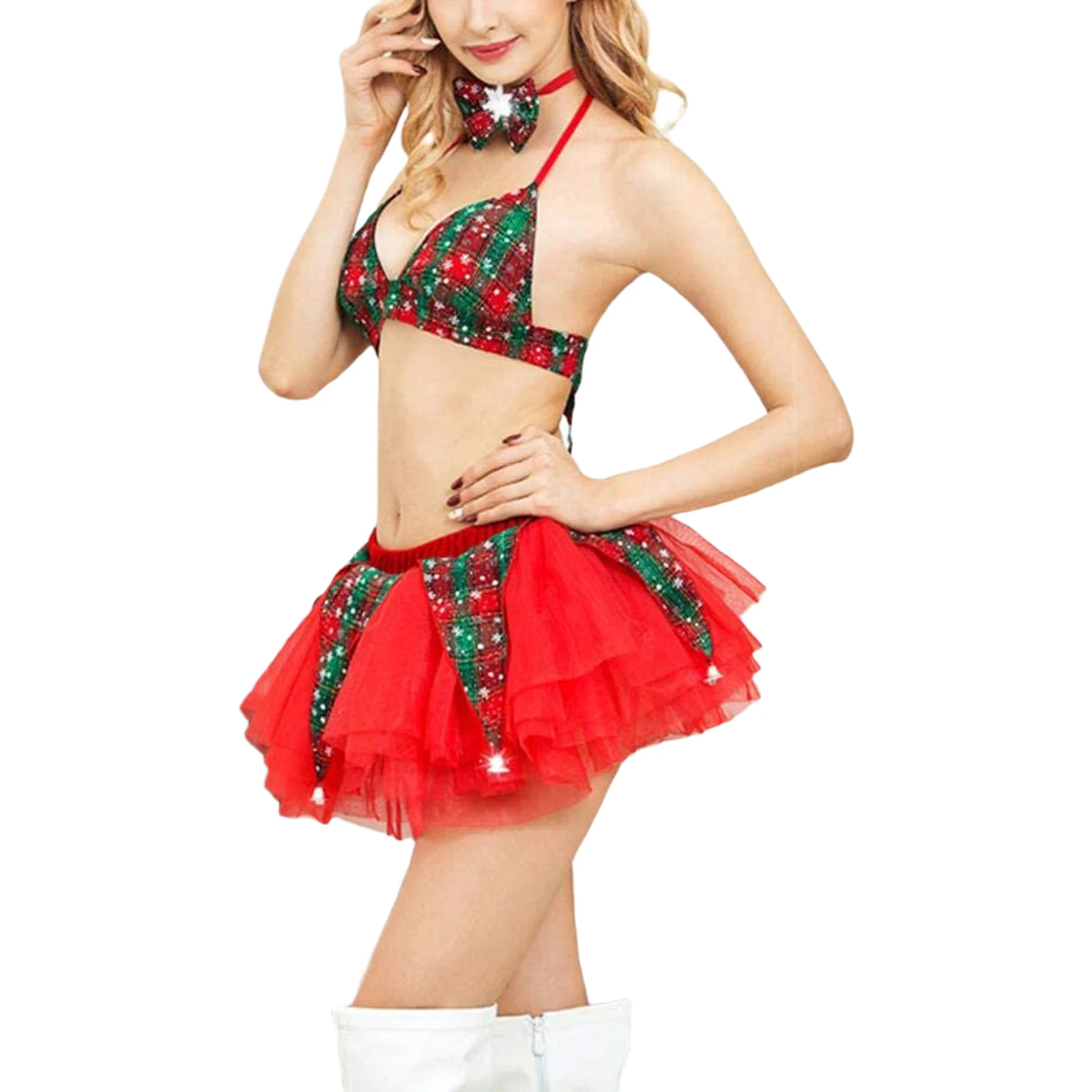 Women's Christmas Lingerie Costume Set Sexy Snowflake Plaid Bikini Bra + Mini Tutu Skirt Bow Tie Santa Hat | Тематическая