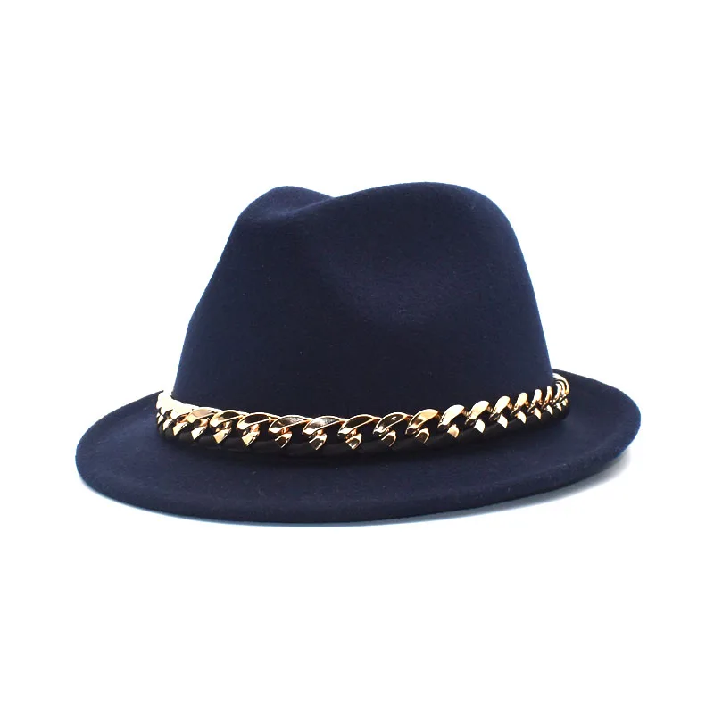 New Autumn Winter Wool Fedoras Hats Women Chain Wide Brim Panama Jazz Hat Men British Vintage Cowboy Hat F114