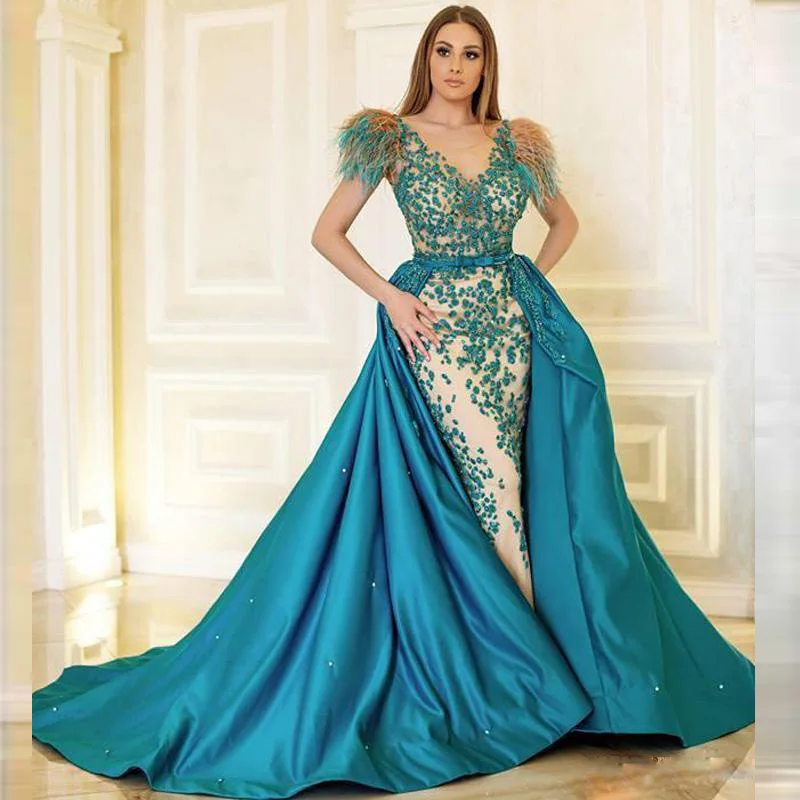 

Feather Cap Sleeves Evening Dresses With Detachable Train Sheer Scoop Neck Sequins Lace Appliques Mermaid Prom Dress Party Gown