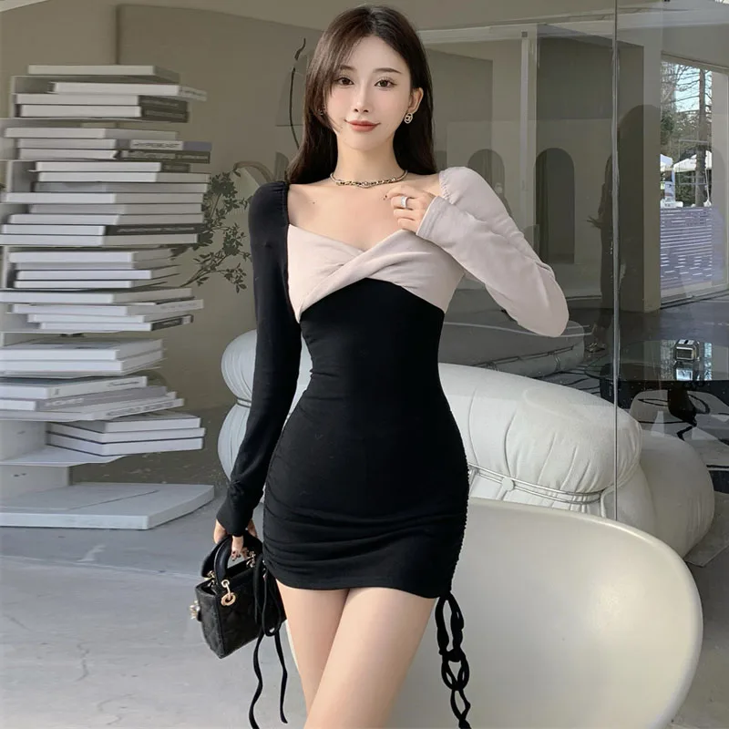 

Women Patchwork Strapless Slim Sexy Temperament Dresses 2022 Autumn Winter New Korean Female High Waist Long Sleeve Office Dress