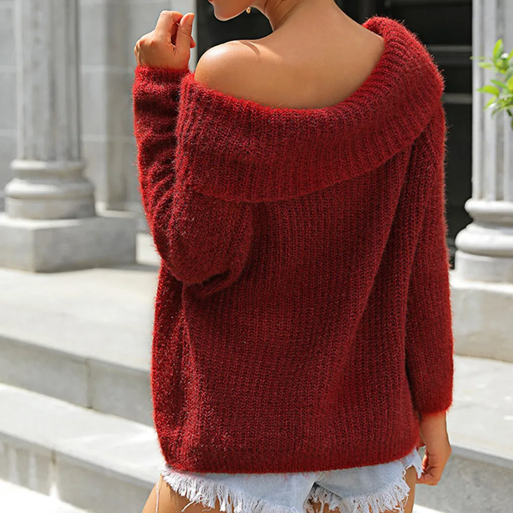 

2019 Autumn Winter Solid Knitted Hollow out Off Shoulder Sweater Pullovers Sweater Women Casual Loose sueter mujer New z0910