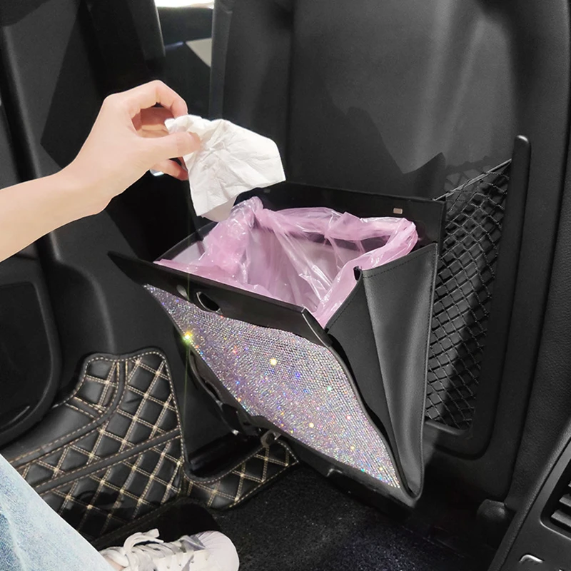 

Car Crystal Trash Can Car Seat Back Storage Bag Leather Foldable Storage Paper Car Trunk Organizer Auto Interior Accessories