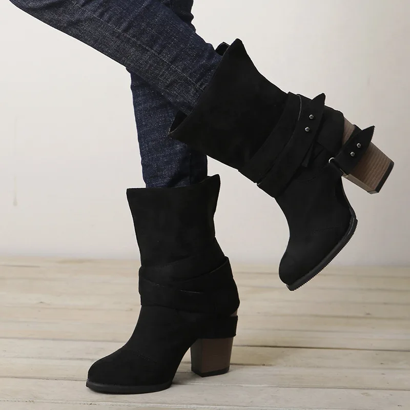 

New Rome Style Ankle Boots Women Round Toe Med Square Heel Boots Winter Zipper Warm Boots Band Decoration Flock Boot Zapatos