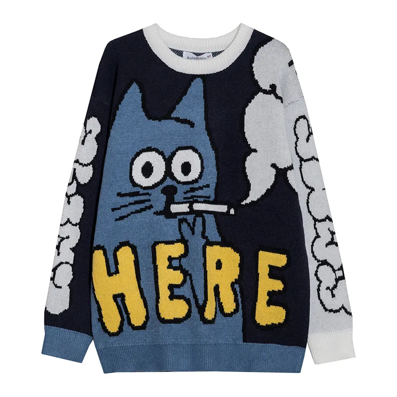 

Aolamegs Men Sweater Cartoon Funny Cat Print O-Nec Pullover Sweaters Men Soft Slim Casual High Street Fashion Autumn Streetwear