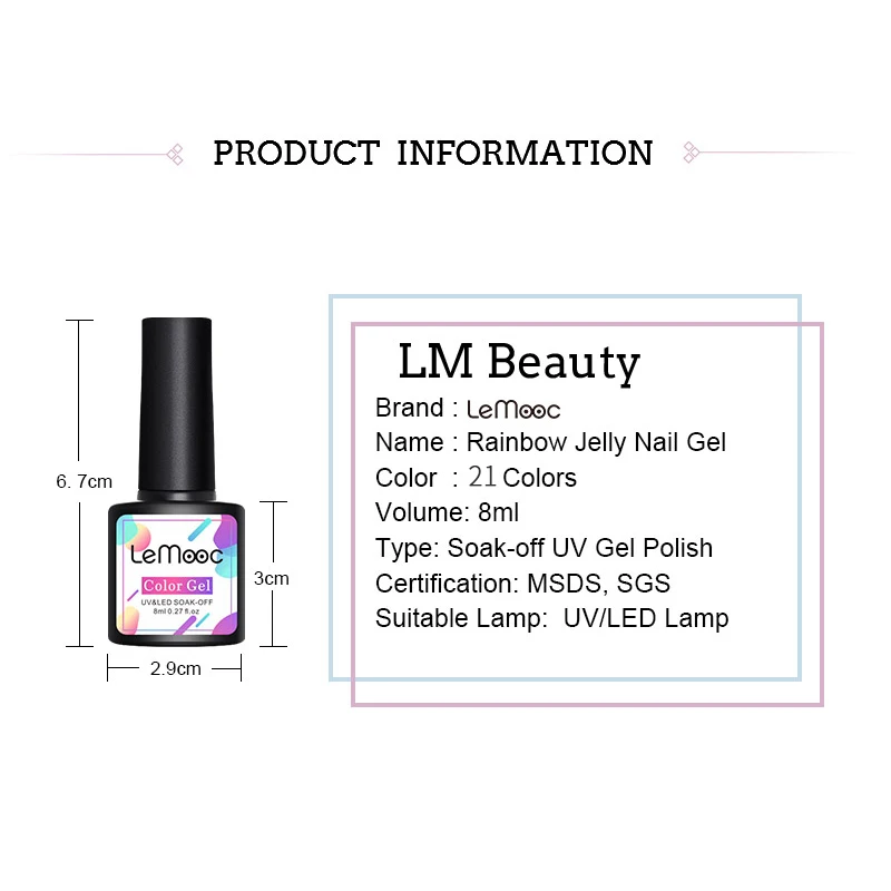 

LEMOOC 8ml Rainbow Jelly UV Gel Polish Colorful Soak Off Manicuring Nail UV Gel Polish For Summer Long Lasting Nail Art Varnish