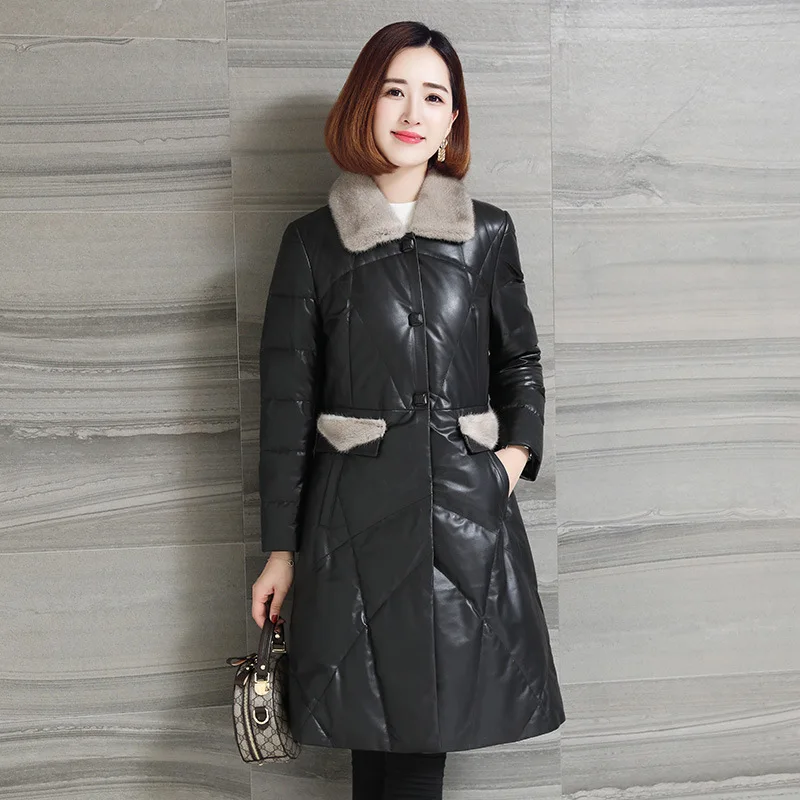Женская куртка из натуральной кожи с воротником меха норки и овчины 2020|Кожаные