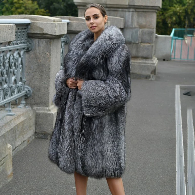 Luxury Women Natural Silver Fox Fur Coat with Big Lapel Collar Thick Warm Winter Fur Overcoats Woman Fashion Fox Fur Coat Outfit