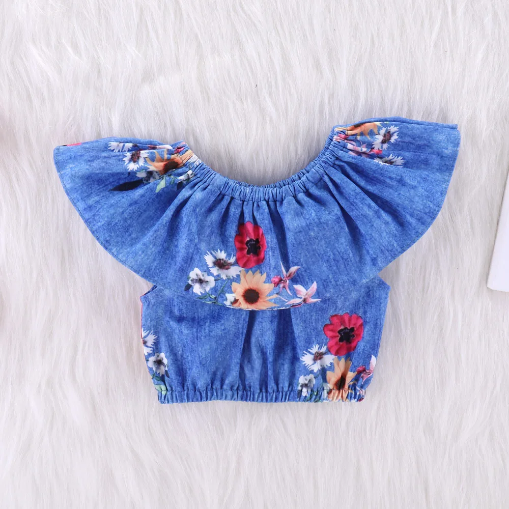 Girls Clothes Teen Cloth Jean Short Sleeves Denim Sun Flower Off Shoulder Tops Bell Bottom Pants 2pcs/Set 2018 Kid Autumn Suit | Детская