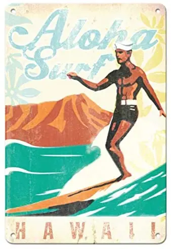 

Aloha Surf Hawaii - Surfer On Longboard by Wade Koniakowsky - Vintage Metal Tin Sign
