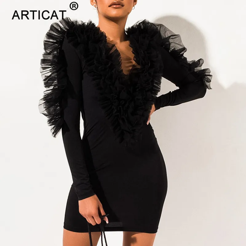 Articat Ruffles Mesh Patchwork Sexy Dress Women Deep V Neck Long Sleeve Slim Autumn Dress Elegant Short Party Club Dress
