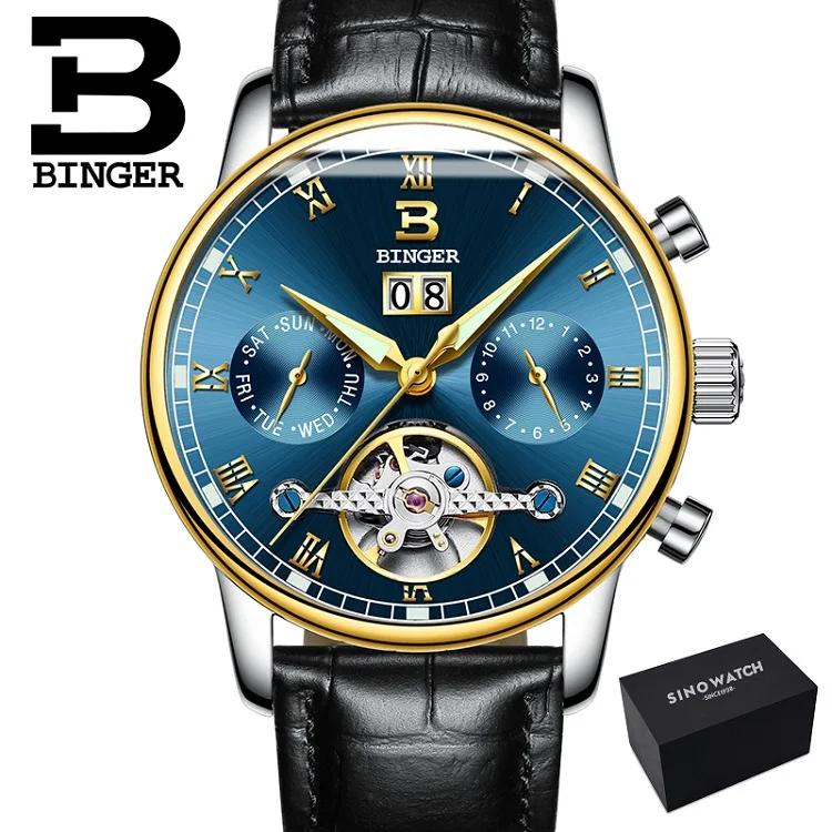 leather black Gblue Двойной турбийон, швейцарские часы Бингер, оригинальные мужские автоматические часы, модные мужские механические наручные часы с кожаным ремешком - Цвет: leather black Gblue