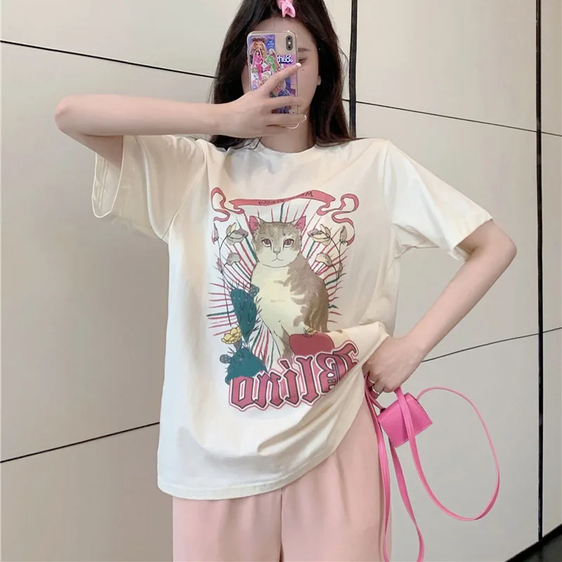 

2 Piece Set Harajuku T-shirt Women Summer Cute Cat Print Loose Sweet Tops Pink Pant Y2k Aesthetic Tee Ladies Set Womens Clothing