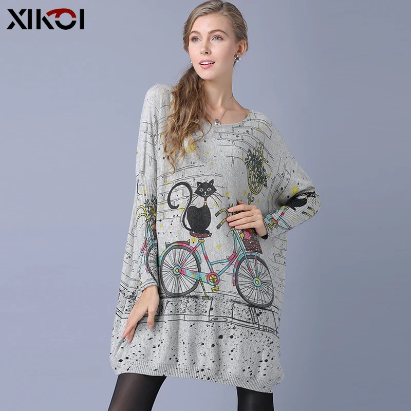 XIKOI Woman Oversize Sweater Winter Long Cat Bicycle Print Casual Coat Batwing Sleeve Pullovers Clothing | Женская одежда