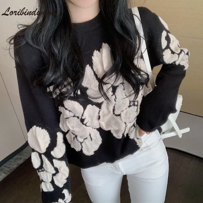 

Loribindwood черный нишевый вязаный свитер для женщин осень 2021 Новый Хеджирование западный стиль ленивый ветер свободная ретро куртка укороченн...