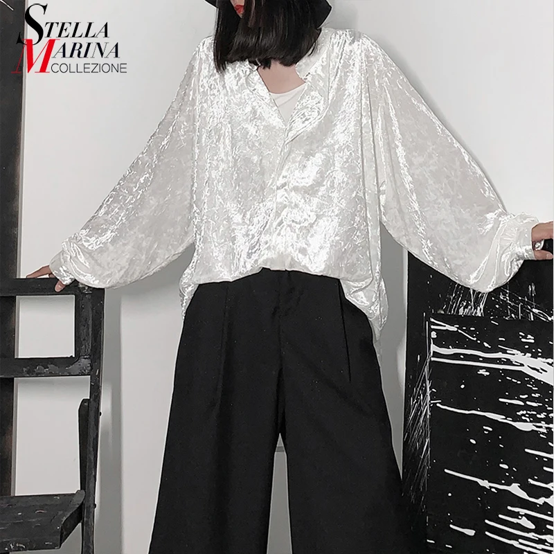 Новый корейский стиль 2019 Женская Блестящая Белая блуза с длинным рукавом