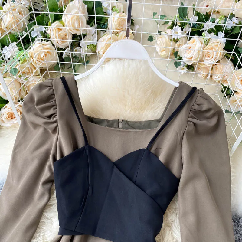 Осеннее ретро платье с квадратным воротником Женские приталенные платья длинным