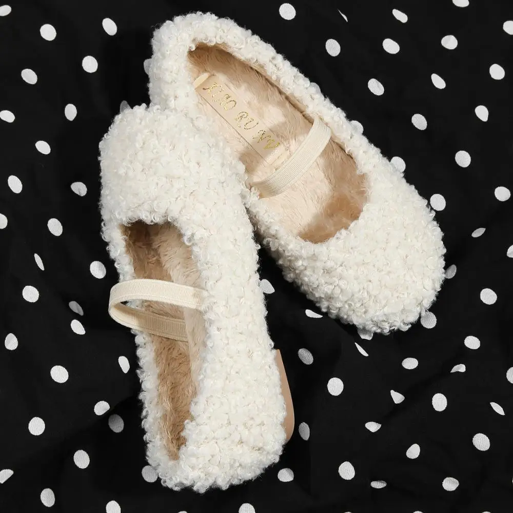 

Autumn New Kids Princess Shoes Children Fur Shoes Warm Flats Toddler Faux Lamb wool Sweet Winter Mary Jane ivory black home shoe