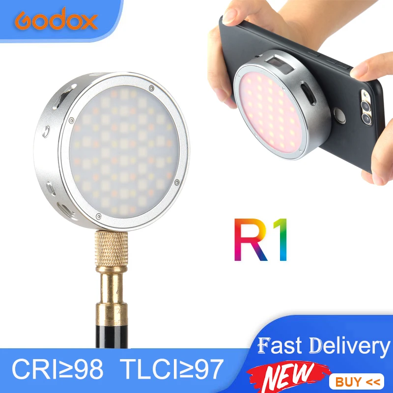 

Godox R1 круглый RGB мини Креативный светодиодный видео свет 2500K-8500K CRI 98 TLCI 97 для видеозаписи фотографии заполсветильник