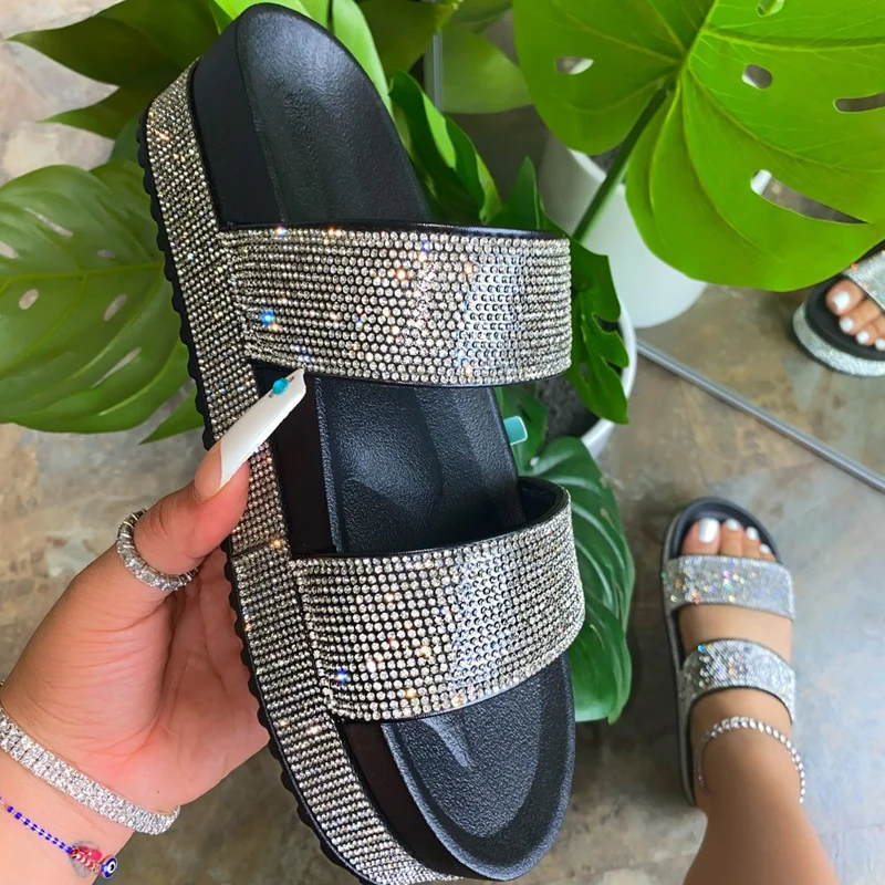 

Rainbow Rhinestone Slippers Girls Autumn Non-slip Soft Beach Ladies Slides Shoes Home Women Slippers Outdoor Footwear Sandals