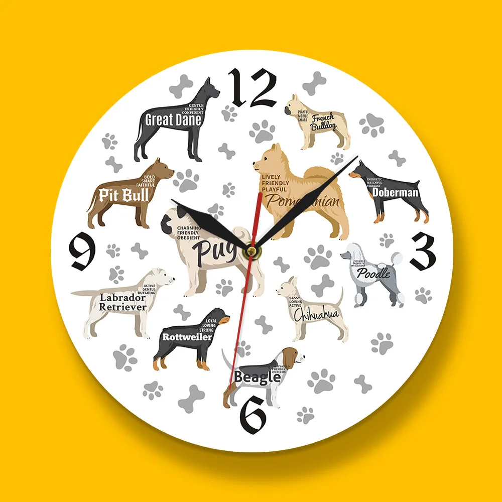 Акриловые настенные часы с принтом разных пород собак лапы и кости для подарок