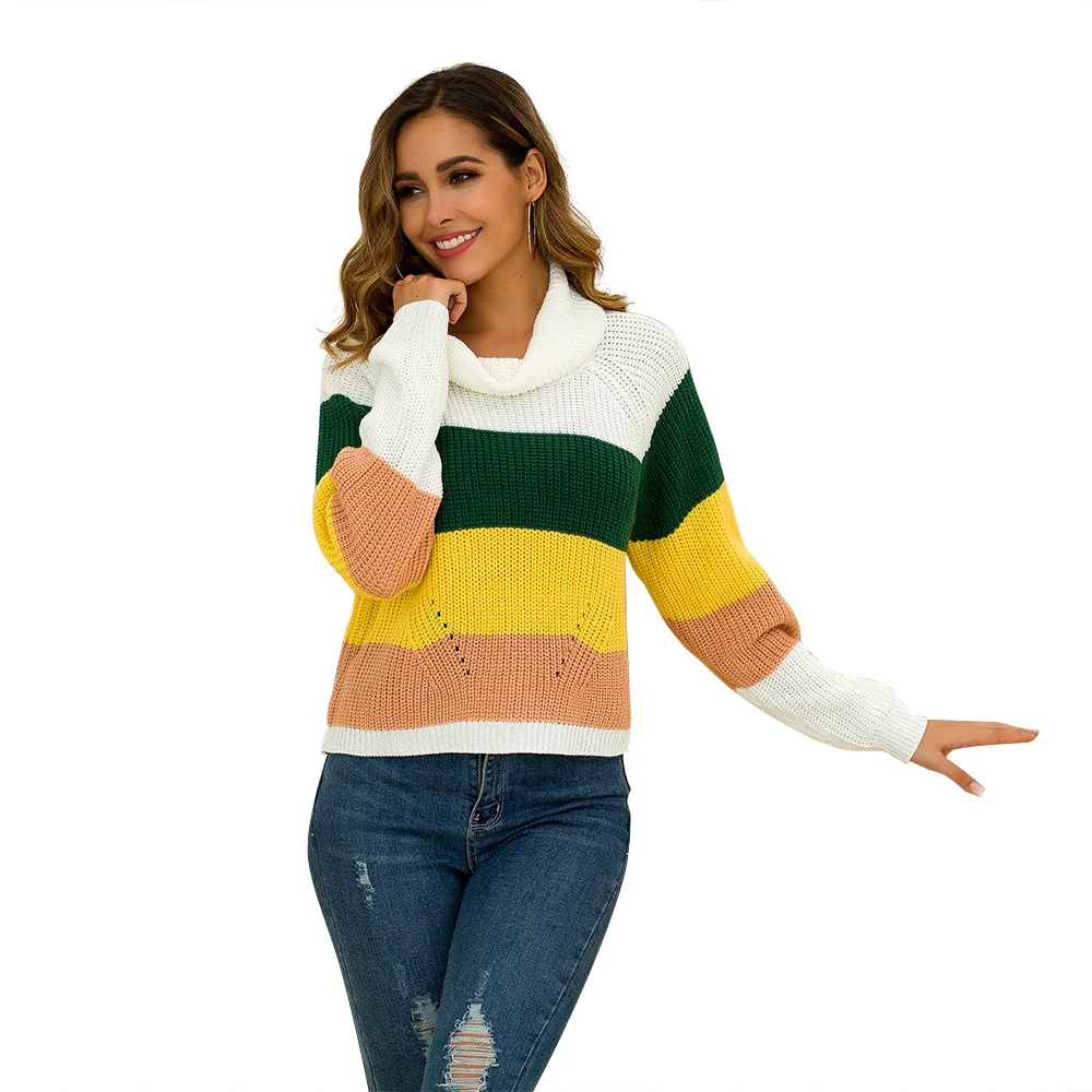 

2020 WomenAdult Turtleneck Striped Sweater Knitted Long Sleeve Sweater Fashion Contrast Casual Style